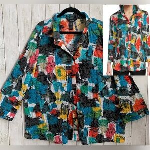 NWT Ali Miles 3X Knit Abstract Print Wire Collar 3/4 Sleeve Button-Front Artsy